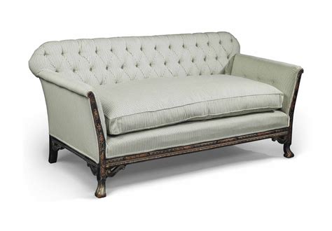 A Buttoned Linen And Chinoiserie Decorated Sofa Early 20th Century
