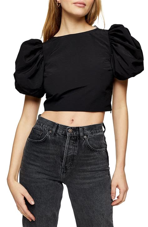 Womens Topshop Puff Sleeve Crop Blouse Size 4 Us Black Fashion