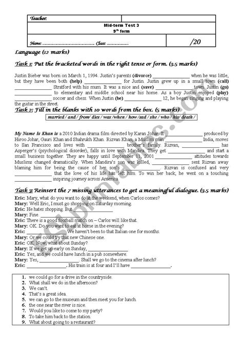 Mid Term Test 3 For 9th Esl Worksheet By Aicha77