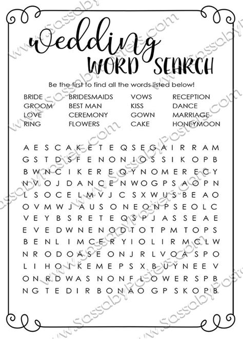 Bridal Shower Word Search Free Printable