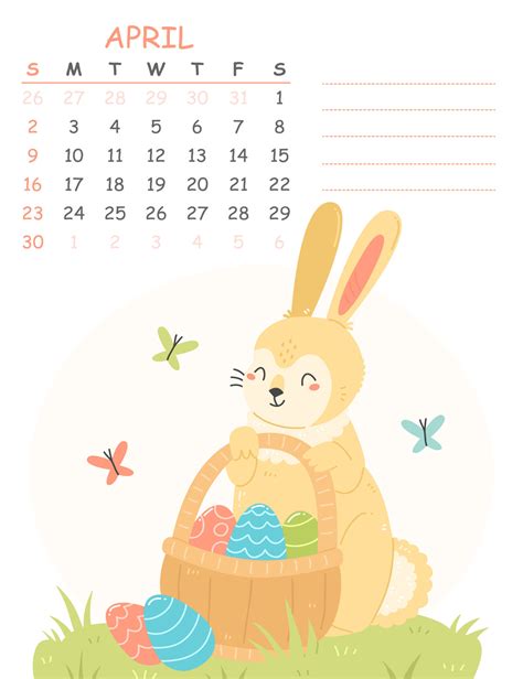 April Childrens Vertical Calendar For 2023 With An Illustration Of A