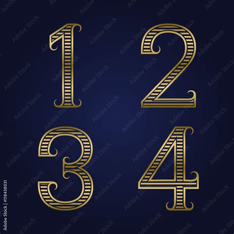 One Two Three Four Golden Ribbed Numbers With Flourishes Horizontal