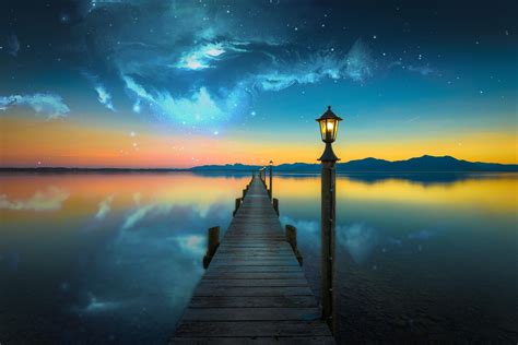 Evening Lake Water Nebula Space Photo Manipulation Wallpaper