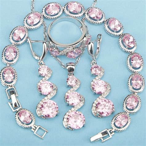 Pink Cubic Zirconia Sterling Silver Jewelry Sets For Women Wedding