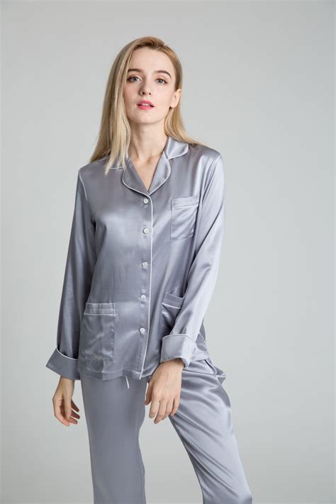 Silk Only Luxury 22 Momme Long Sleeve Silk Pajama Sets Silver Grey