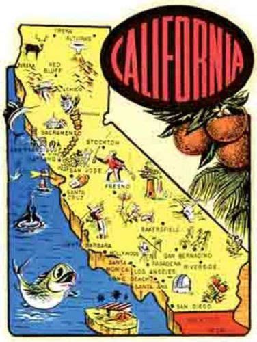 California Cartoon Map Vintage 1950s Style Travel Stickerdecal