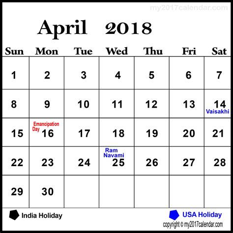 April 2018 Holidays