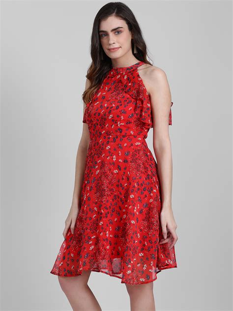 Red Floral Print A Line Short Dress For Women