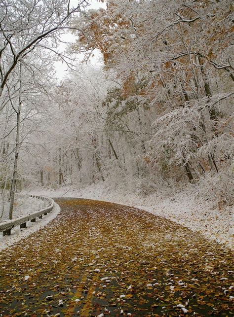 The Blue Ridge Parkway During A Fall Snow Near Asheville Nc Winter