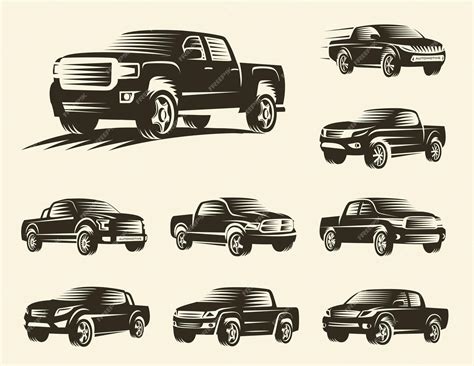 Geïsoleerde zwart-wit pick-up trucks logo set, auto's logo's collectie