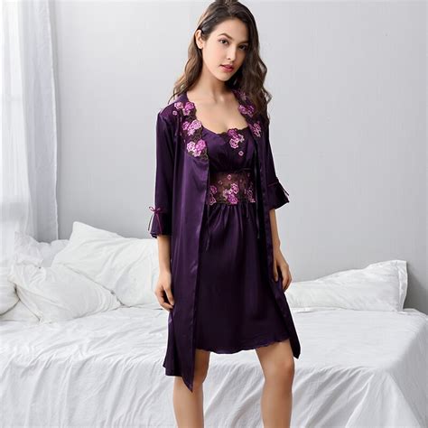 buy xifenni robe sets female sexy satin silk sleepwear women lace embroidery