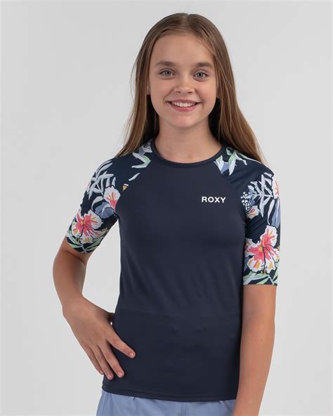 Roxy Girls Summer Good Wave Short Sleeve Rash Vest In Mood Indigo Wild Floral Fast Shipping