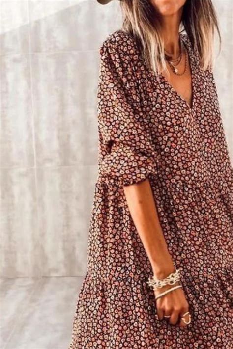 Casual V Neck Long Sleeve Boho Midi Dress Cherieday