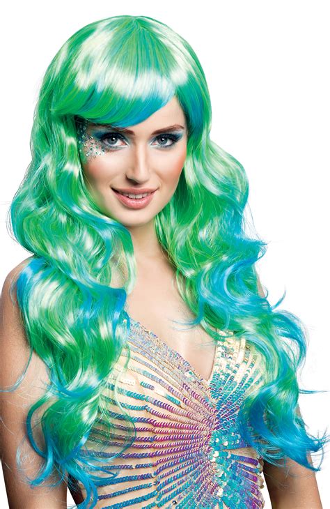 Long Aqua Mermaid Wig Ladies Fancy Dress Fairytale Halloween Womens