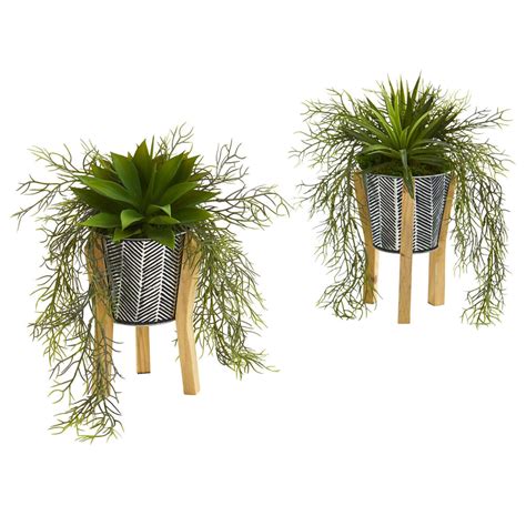 11 Agave Succulent Artificial Plant In Tin Planter With Legs Set Of 2
