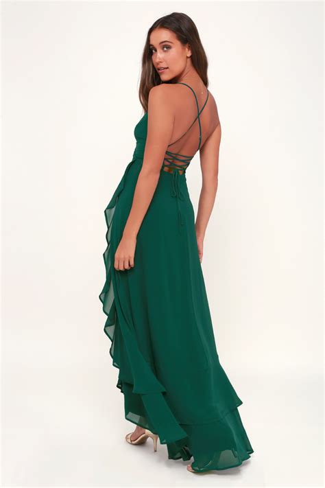 Lulus In Love Forever Emerald Green Lace Up High Low Maxi Dress