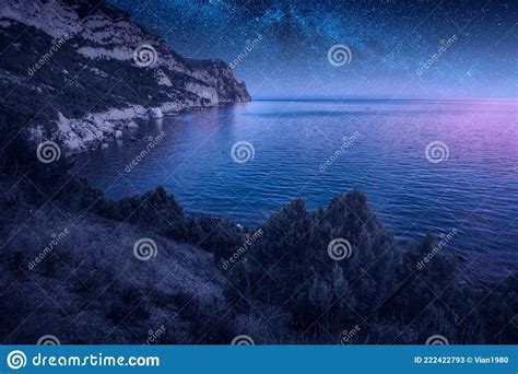 Rocky Bay Of Black Sea Under The Starry Night Sky Stock Image Image