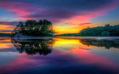 Sunrise Colorful Lake Island Nature Landscape Reflection Mist Sky Trees Massachusetts