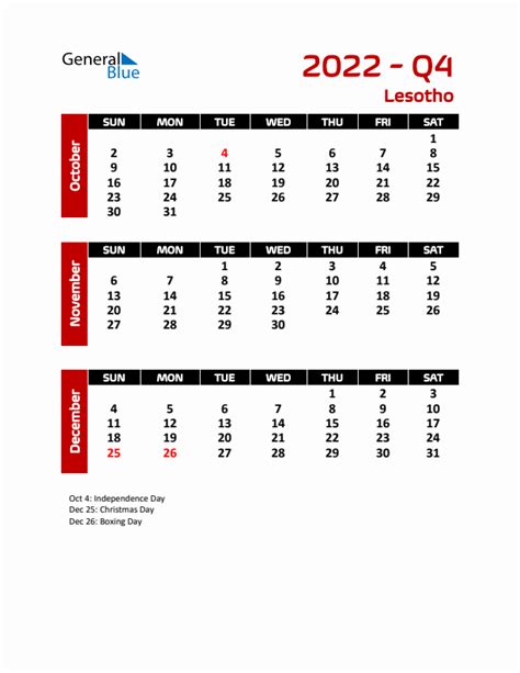 Q4 2022 Quarterly Calendar With Lesotho Holidays