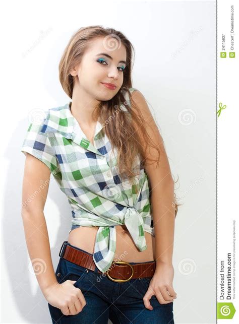 Brunette Woman Wearing Country Style Clothes Stock Image Image Of