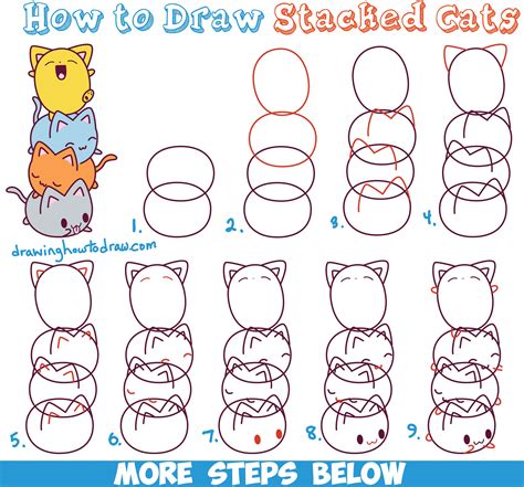 How To Draw Cute Kawaii Cats Stacked On Top Of Each Other Easy Step