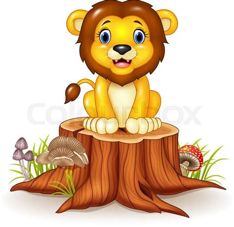 Vector Illustration Of Happy Cartoon Lion Sitting On Tree