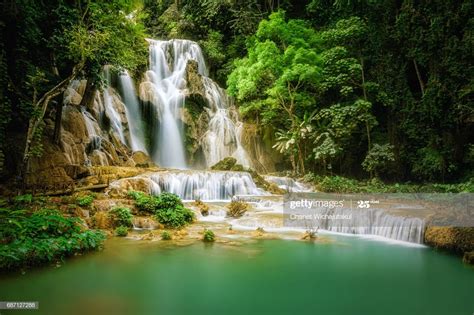 Beautiful View Of Deep Forest Waterfall Landscape Stock