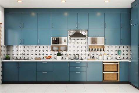 Spacious Modern Convenient Blue Coloured Kitchen Design Livspace