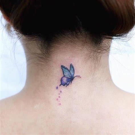 Purple And Blue Butterfly Tattoo On The Neck Small