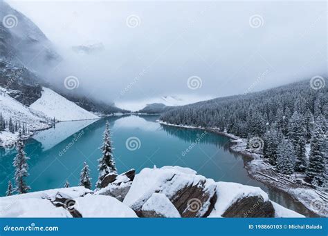 First Snow Morning At Moraine Lake In Banff National Park Alberta