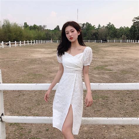 White Dress Korean Style Hollow Out V Neck High Waist Womens Clothing