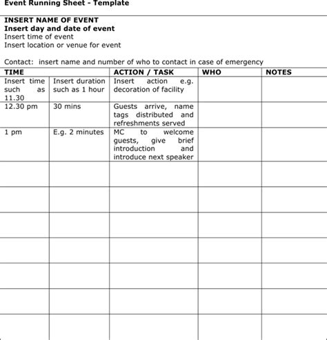 event run sheet template   formtemplate