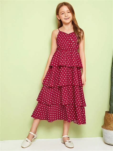 Girls Polka Dot Print Layered Ruffle Hem Slip Dress Shein Uk Kids