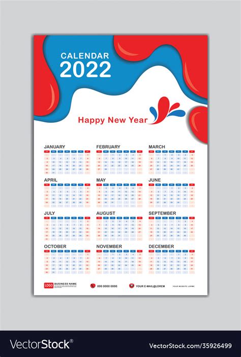 Wall Calendar 2022 Template Calendar 2022 Design Vector Image