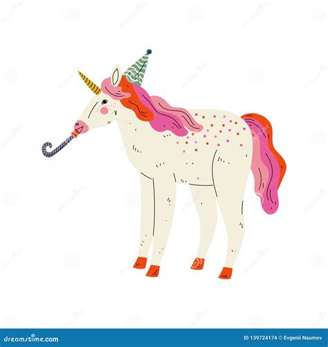Lovely Unicorn Wearing Party Hat With Whistle Blower Cute Animal