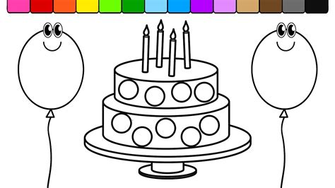 In this video kids will learn how to draw and paint sweet cake with hearts and candles. Learn Colors for Kids and Color Circle Birthday Cake Balloons Coloring Page - YouTube