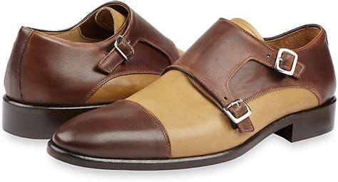 Paul Fredrick Mens Italian Leather Two Tone Monk Strap Shoe Brown 105