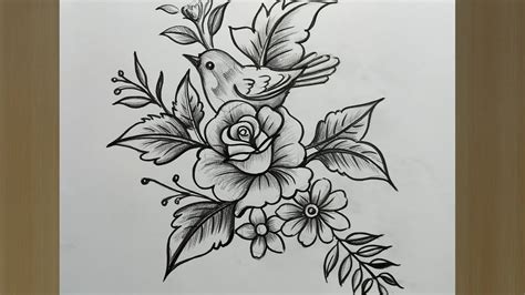 How To Draw A Bird And Rose Flowers With Pencil Sketch How To Draw