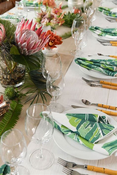 tiki chic tropical jamaican island themed engagement party wedding table linens engagement