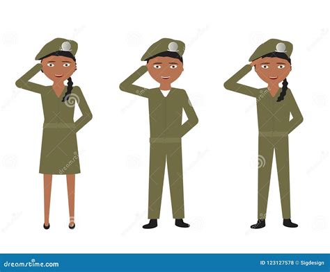 Set Of Cartoon Soldiers With Green Uniforms Saluting On White