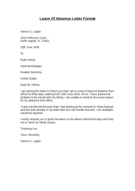 Sample Leave Of Absence Letter To Employer Collection Letter Template