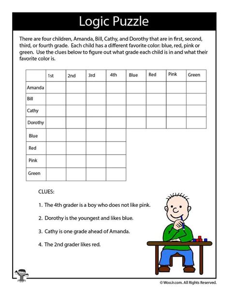 Logic puzzles (also known as logic grid puzzles) require the solver to deduce the relationships between different people, places and things two easy and challenging printable logic puzzles will be made available every day, directly from this page. Hard Logic Puzzle for Kids | Woo! Jr. Kids Activities ...