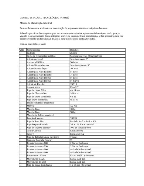 Lista De Ferramentas Manutencao Lista De Ferramentas Manutencao Docsity