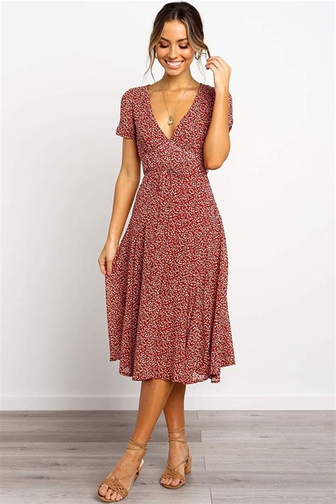 Flowy Belted Ditsy Floral Short Sleeve V Neck Midi Dress Red Cutesove