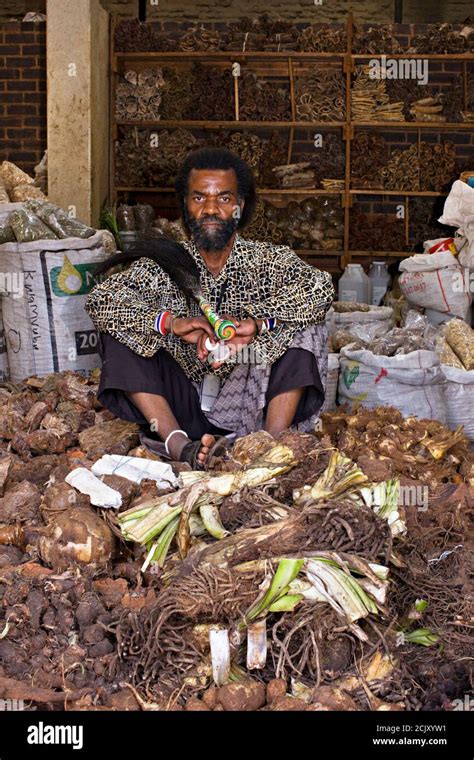 African Sangoma Traditional Healer With Muti At Market Stock Photo