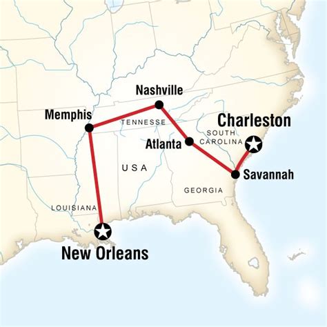 Map Of The Route For Highlights Of The Deep South Travel Tours South