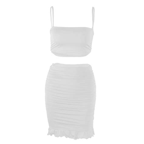 2020061114 Women Set Spaghetti Strap Crop Top White Sexy And Mini Bodycon Skirt Ruffles Party