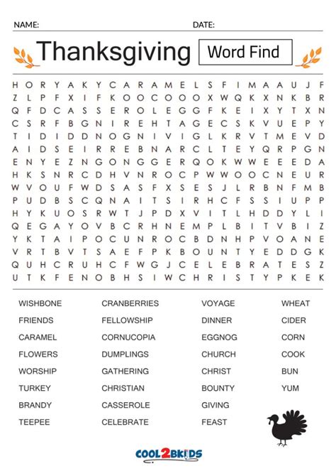 Printable Thanksgiving Word Search Cool2bkids