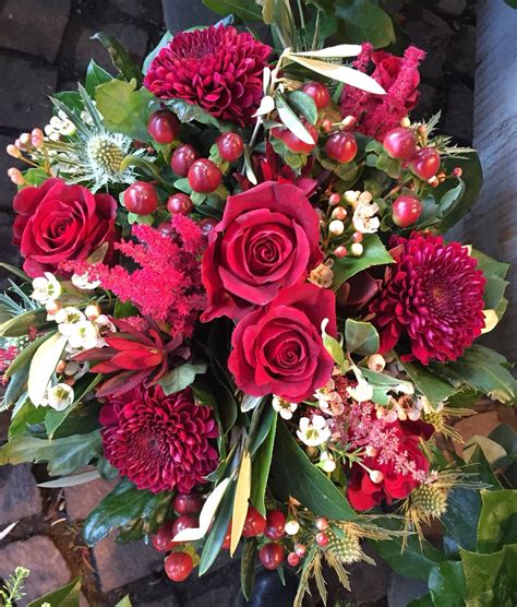 Red Bouquet Including Roses Chrysanthemums Wax Flower Thistle