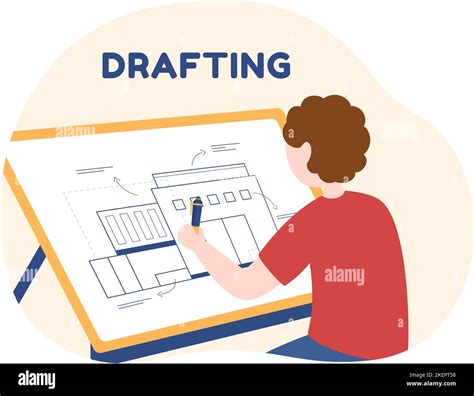 Drafting Engineer Or Architect Working On Drawing Board Projecting And